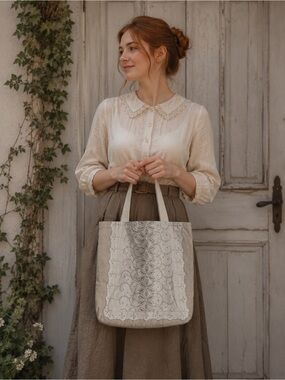 Beige and Cream Vintage Embroidered Linens Tote Bag